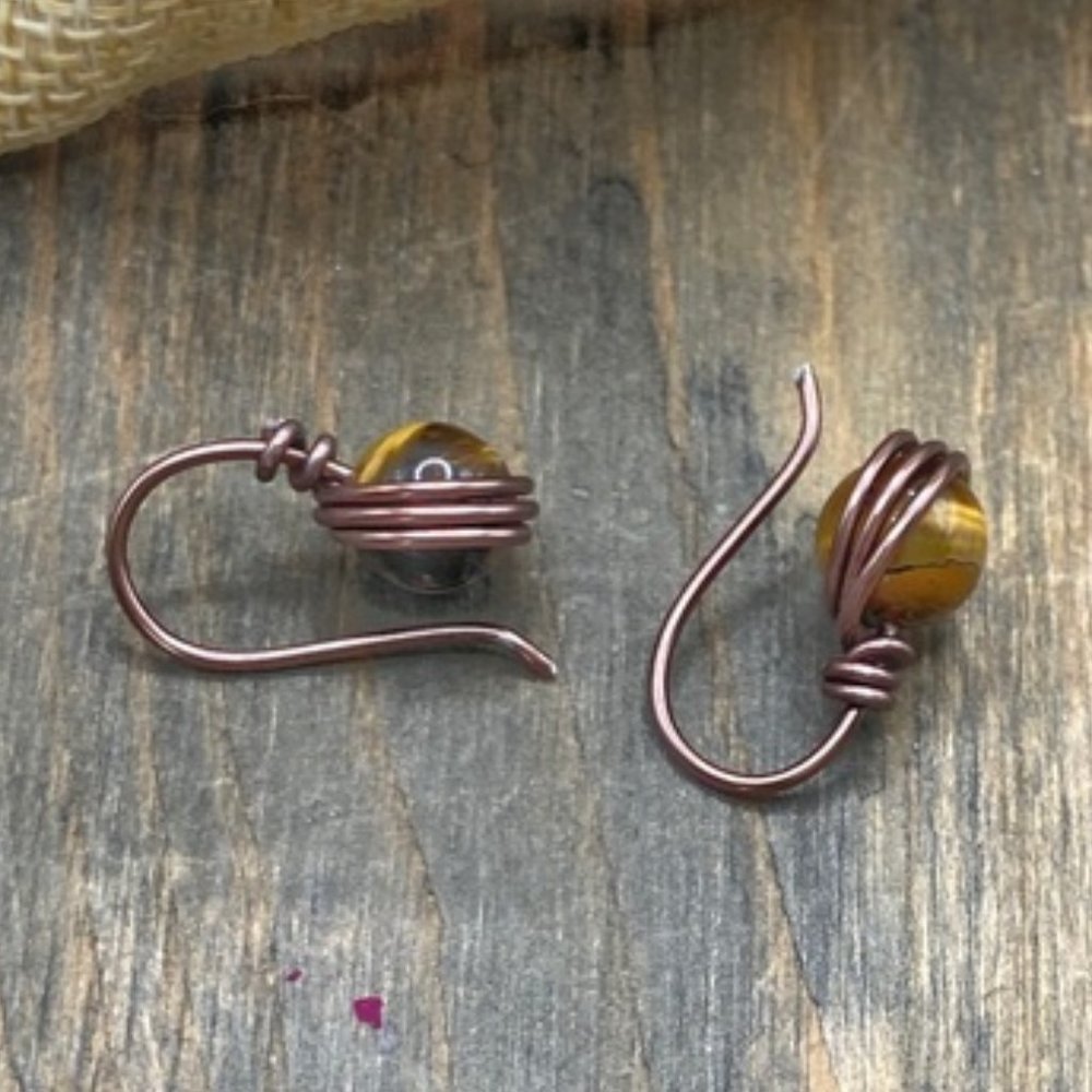 Tige's eye and brass dangle bon bon earrings/ Manifesting power and protection - Picture 2 of 5
